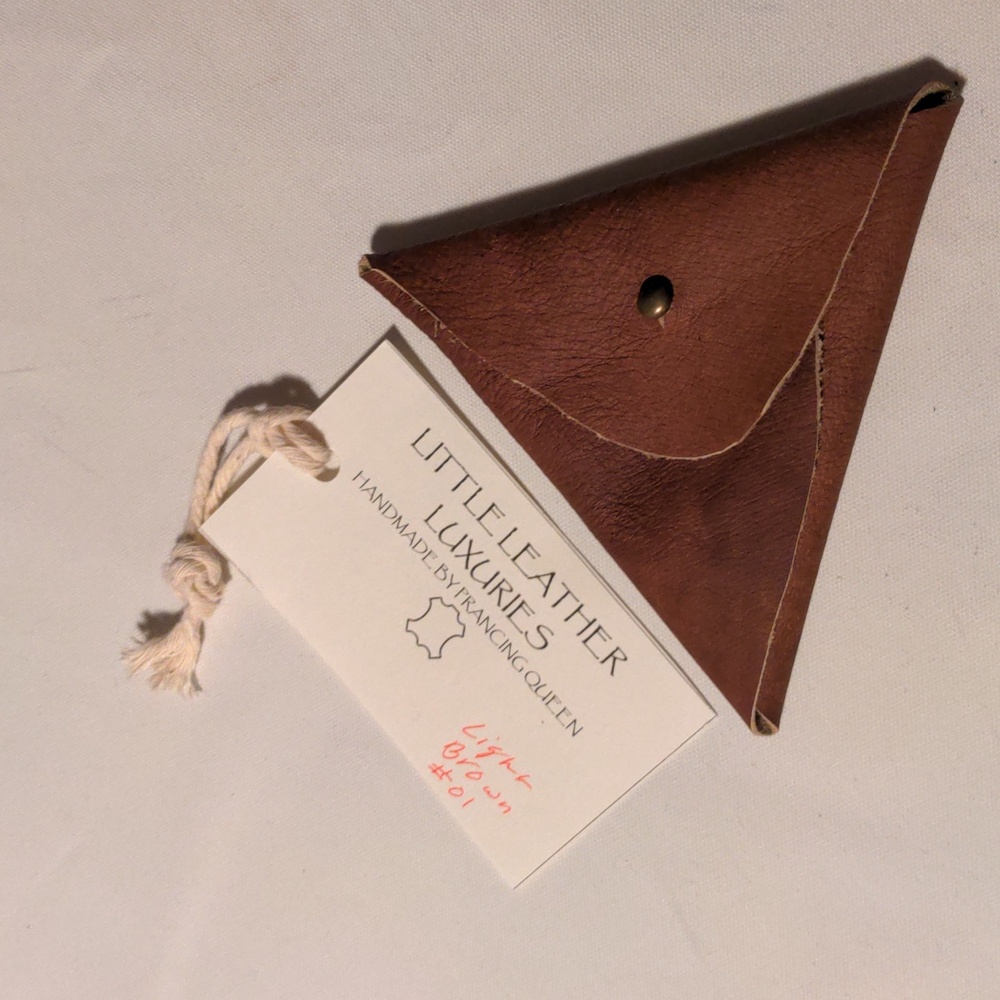 #01 Handmade Genuine Leather Triangle Coin Pouch Light Brown #01